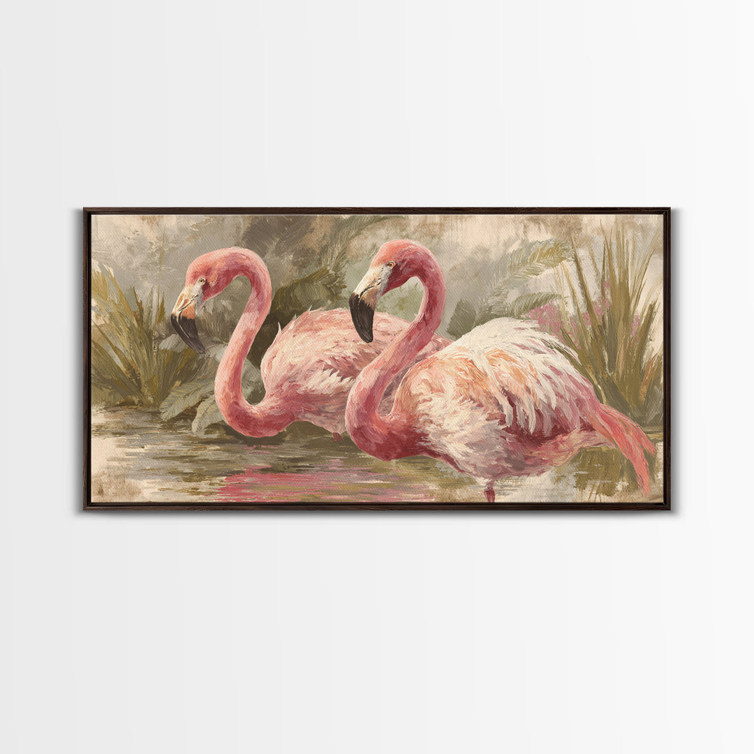 Flamingos in Pink Shallow Water Framed Canvas Print, Wildlife Art, Art, Living Room Decor, Oil Painting, Wild, WIL-2x1-90