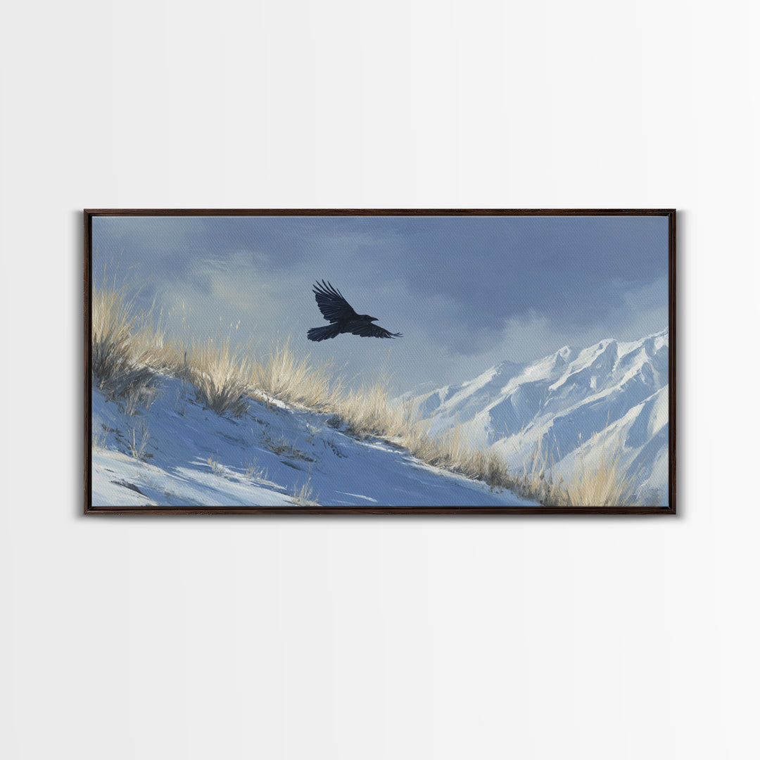 Raven Flying Through Snowy Mountains Framed Canvas Print, Wildlife Art, Boho Wall Decor, Living Room Decor, Fine Art, Wild, WIL-2x1-92