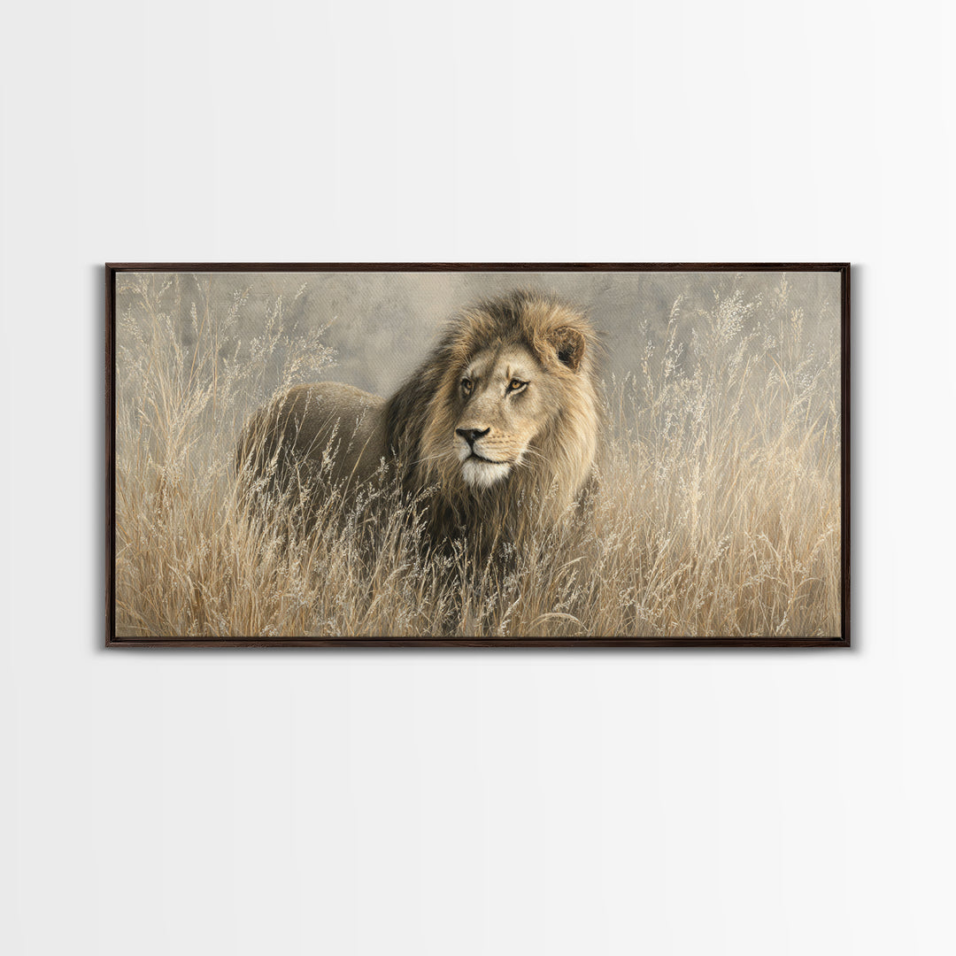 Lion Emerging from Golden Savanna Grass Canvas Print, Wildlife Art, Wall Art Print, Living Room Decor, Fine Art, Wild, WIL-2x1-93