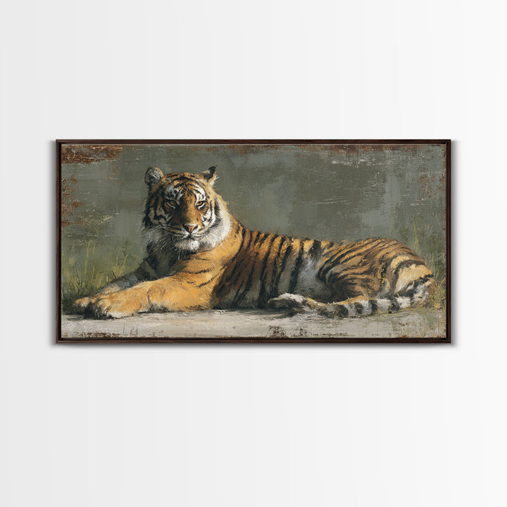 Tiger Portrait with Jungle Shadows Framed Canvas Print, Wildlife Art, Modern Wall Art, Living Room Decor, Oil Painting, Wild, WIL-2x1-97