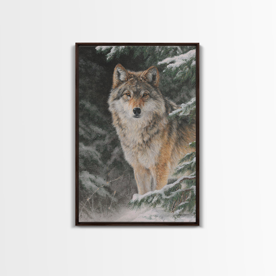 Wolf Standing Beneath Snowy Pine Trees Canvas Print, Wildlife Art, Original Artwork, Living Room Decor, Abstract Art, Wild, WIL-2x3-11