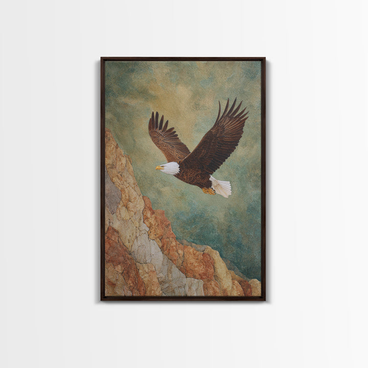 Eagle Soaring Above Rocky Cliffs Canvas Print, Wildlife Art, Art Print, Living Room Decor, Oil Painting, Wild, Digital Wall Art, WIL-2x3-14