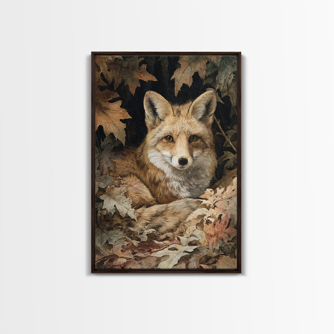 Fox in Autumn Forest Leaves Framed Canvas Print, Wildlife Art, Painting, Living Room Decor, Wild, Living Room Wall Art, WIL-2x3-17