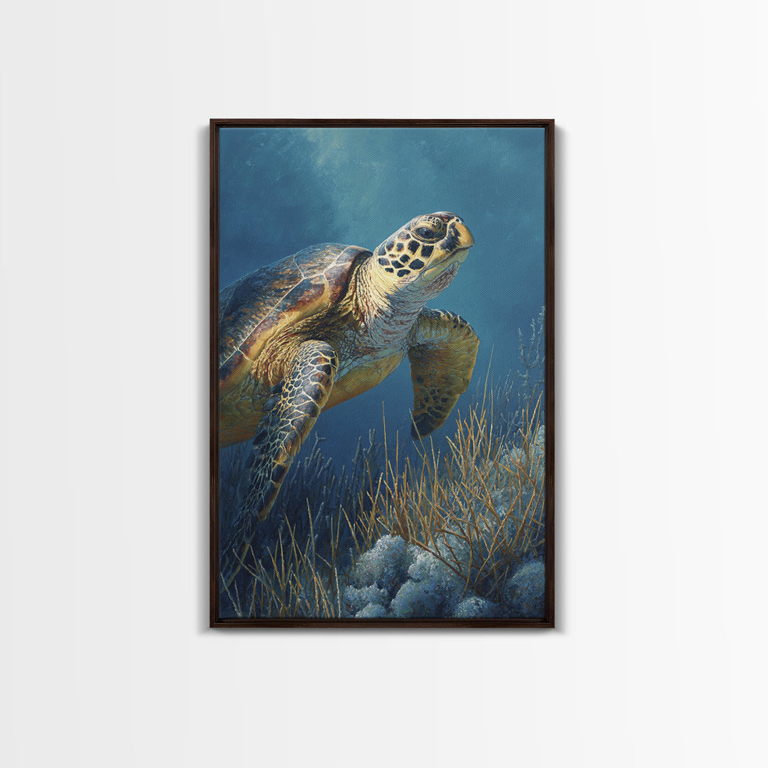Sea Turtle over Coral Reef Framed Canvas Print, Wildlife Art, Boho Decor, Living Room Decor, Abstract Art, Wild, Painting, WIL-2x3-2