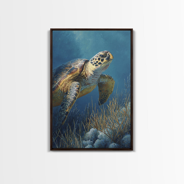 Sea Turtle over Coral Reef Framed Canvas Print, Wildlife Art, Boho Decor, Living Room Decor, Abstract Art, Wild, Painting, WIL-2x3-2