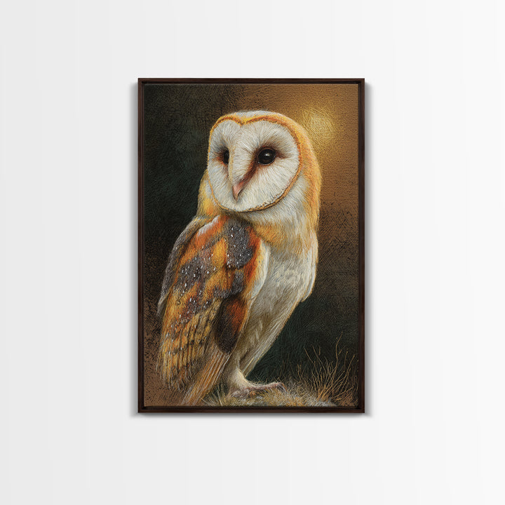 Owl Perched in Moonlit Woodland Framed Canvas Print, Wildlife Art, Oil Painting, Living Room Decor, Wild, Bedroom Wall Art, WIL-2x3-20