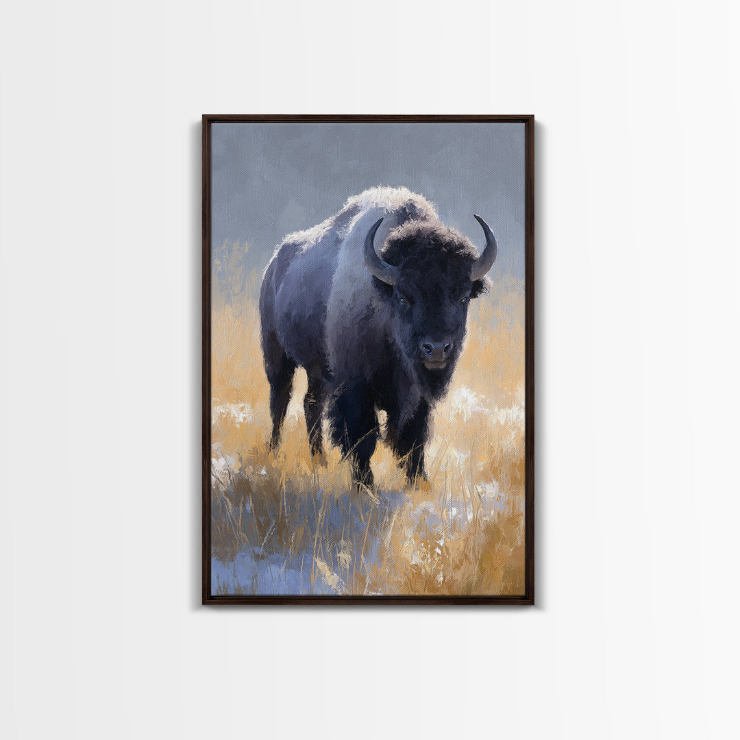 Bison on Wide Western Prairie Framed Canvas Print, Wildlife Art, Contemporary Art, Living Room Decor, Oil Painting, Wild, WIL-2x3-21