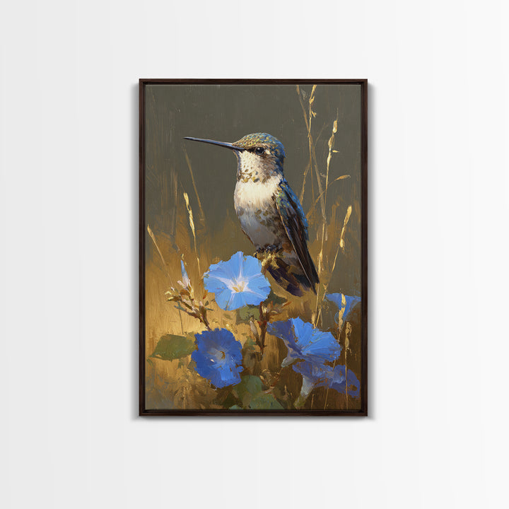 Hummingbird Beside Bright Flowers Framed Canvas Print, Wildlife Art, Canvas Painting, Living Room Decor, Watercolor Art, Wild, WIL-2x3-24