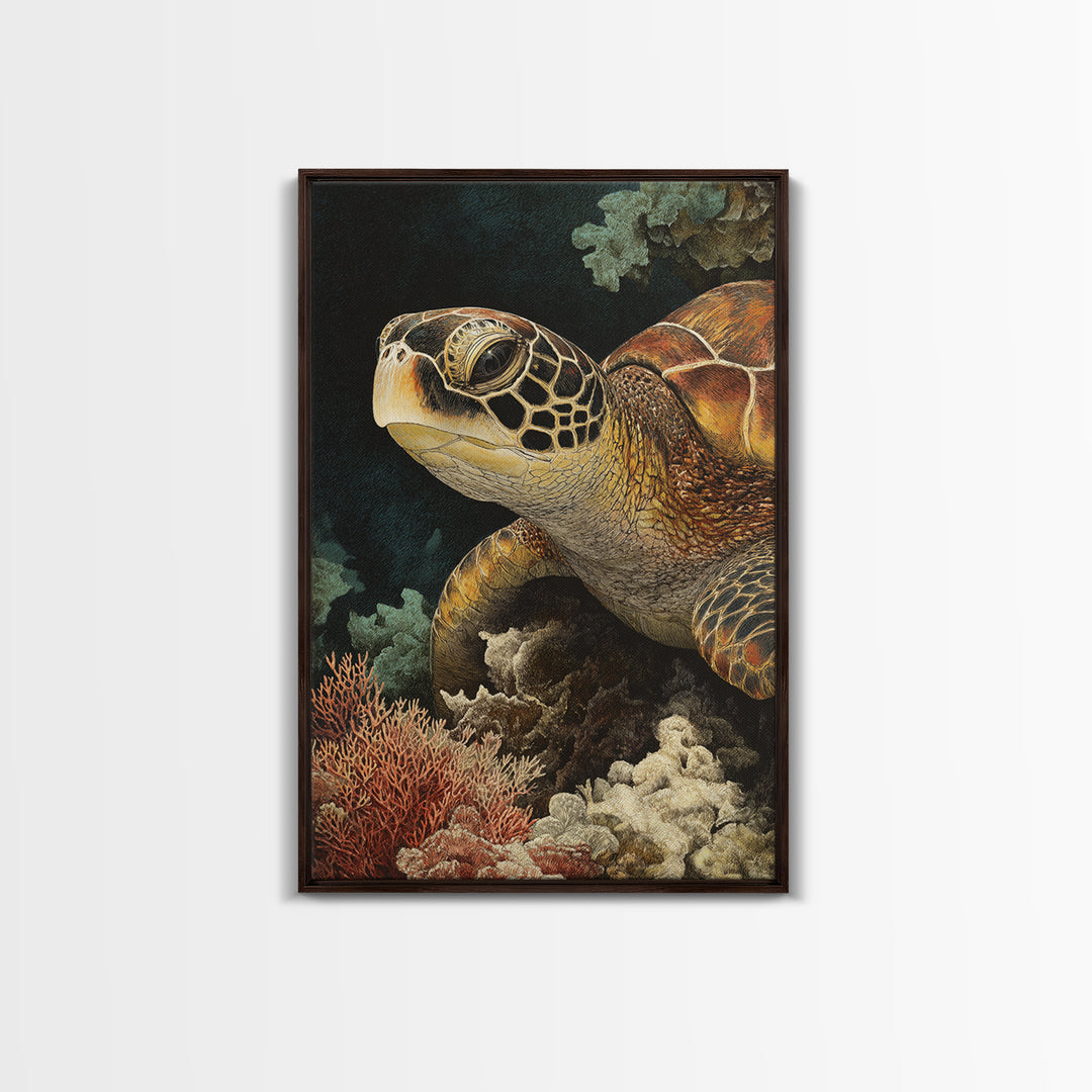 Sea Turtle over Coral Reef Framed Canvas Print, Wildlife Art, Boho Decor, Living Room Decor, Abstract Art, Wild, Painting, WIL-2x3-26
