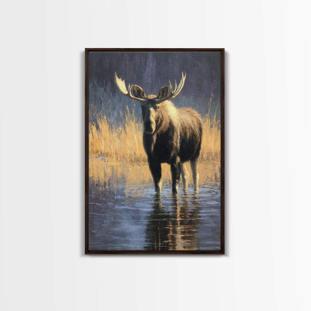 Moose Standing in Reflective Lake Canvas Print, Wildlife Art, Fine Art Print, Living Room Decor, Watercolor Art, Wild, WIL-2x3-27