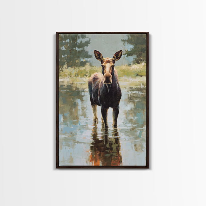 Moose Standing in Reflective Lake Framed Canvas Print, Wildlife Art, Forest Wall Art, Living Room Decor, Fine Art, Wild, WIL-2x3-3