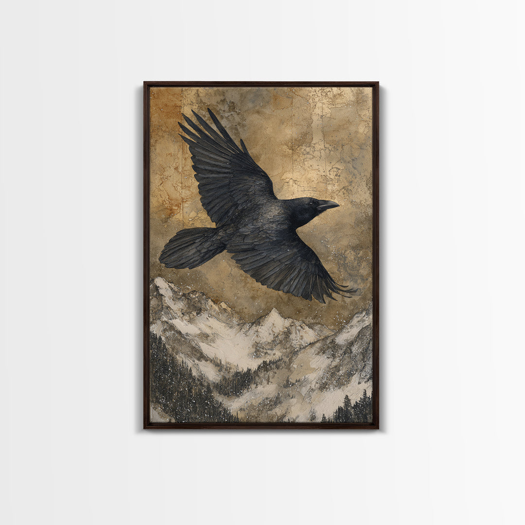 Raven Flying Through Snowy Mountains Canvas Print, Wildlife Art, Nature Wall Art, Living Room Decor, Watercolor Art, Wild, WIL-2x3-32