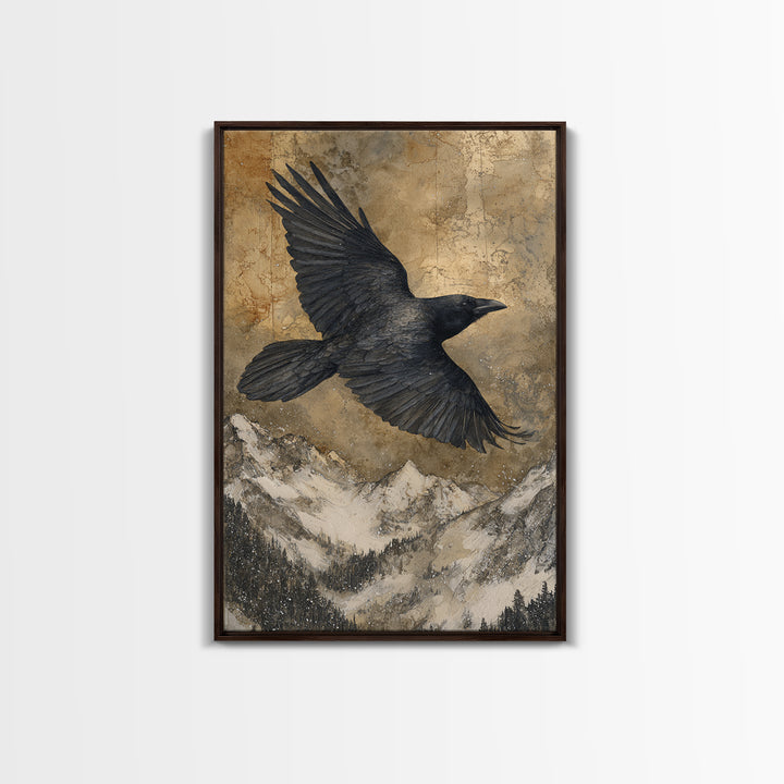 Raven Flying Through Snowy Mountains Canvas Print, Wildlife Art, Nature Wall Art, Living Room Decor, Watercolor Art, Wild, WIL-2x3-32