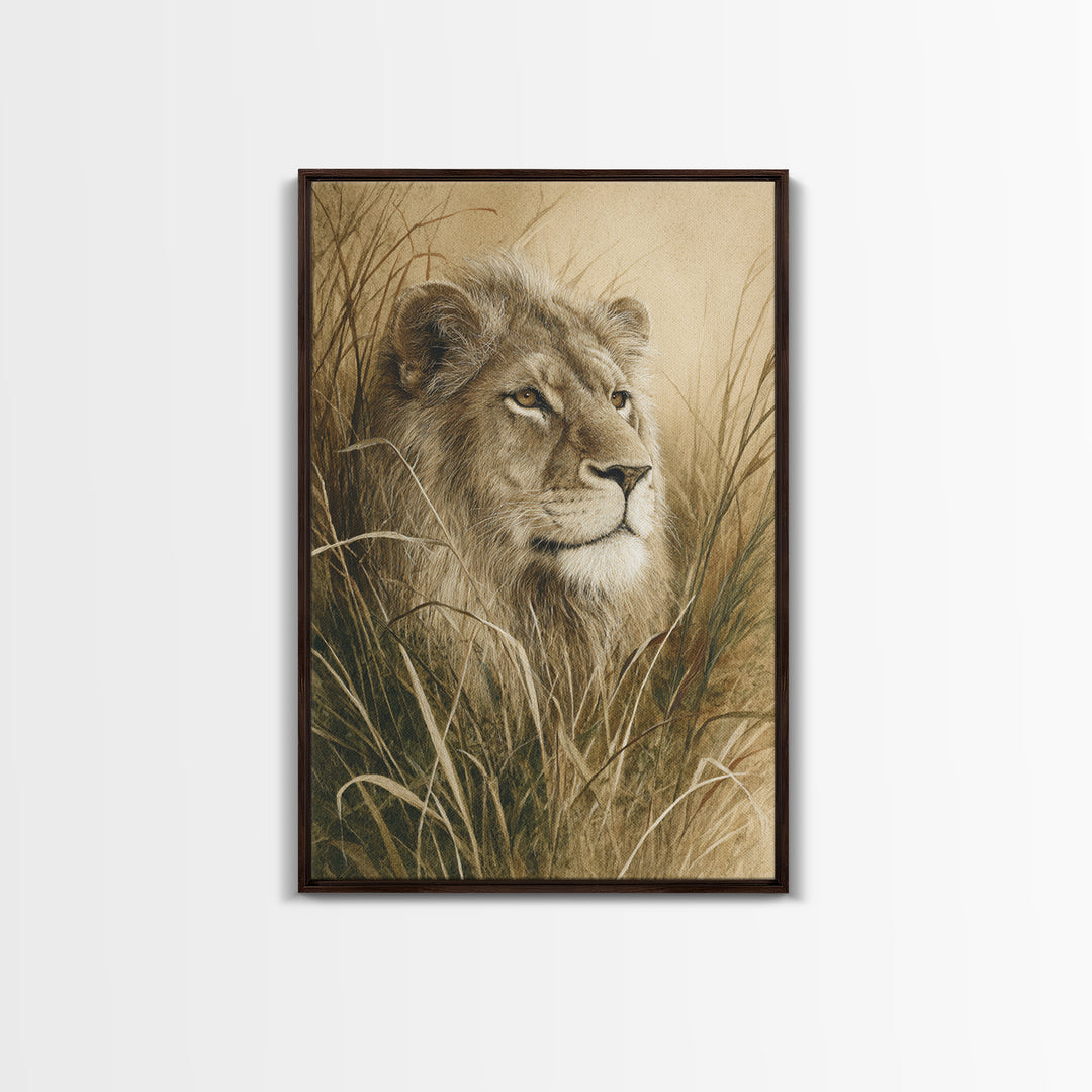 Lion Emerging from Golden Savanna Grass Framed Canvas Print, Wildlife Art, Living Room Decor, Watercolor Art, Wild, WIL-2x3-33