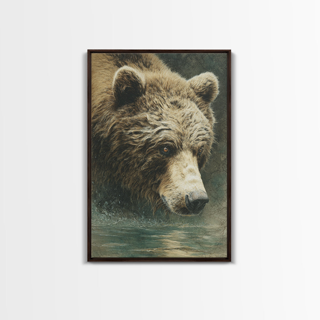 Bear Fishing in Rushing Mountain River Framed Canvas Print, Wildlife Art, Leopard Wall Art, Living Room Decor, Watercolor Art, WIL-2x3-36