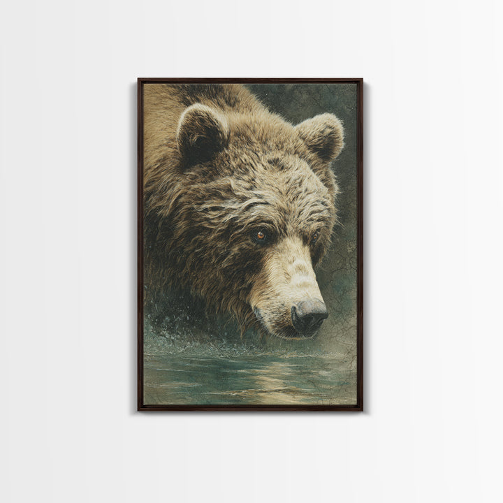 Bear Fishing in Rushing Mountain River Framed Canvas Print, Wildlife Art, Leopard Wall Art, Living Room Decor, Watercolor Art, WIL-2x3-36