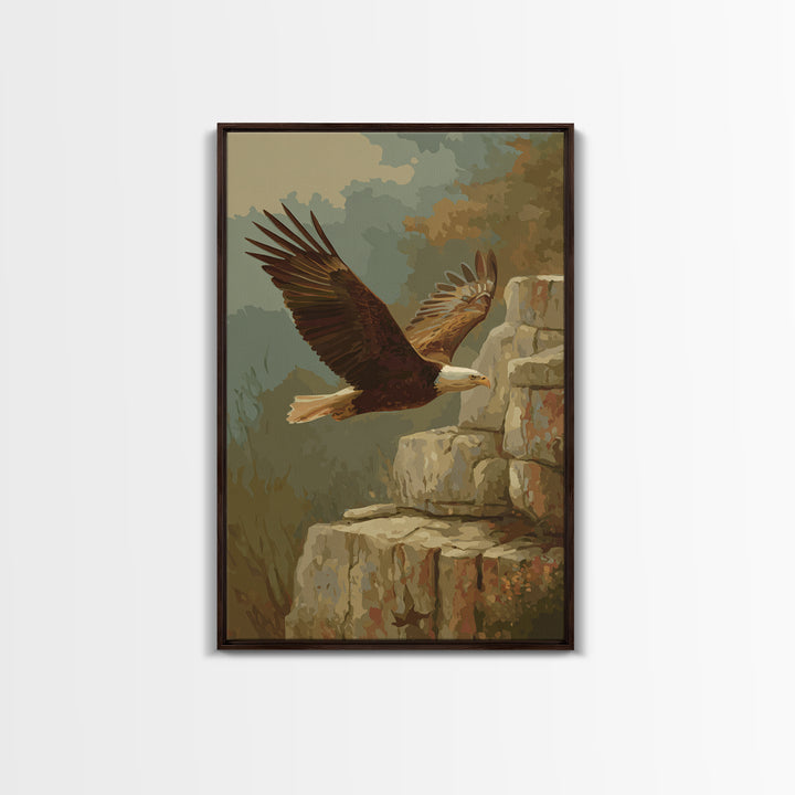 Eagle Soaring Above Rocky Cliffs Framed Canvas Print, Wildlife Art, Wall Art, Living Room Decor, Wild, Modern Wall Art, WIL-2x3-38