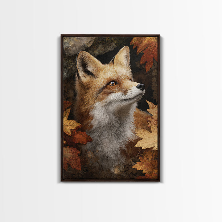 Fox in Autumn Forest Leaves Framed Canvas Print, Wildlife Art, Painting, Living Room Decor, Wild, Living Room Wall Art, WIL-2x3-41