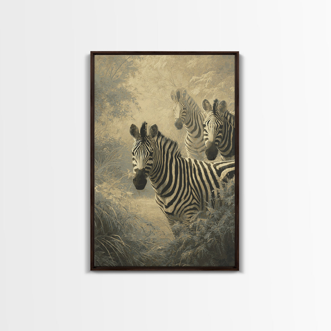 Zebra Herd in Graphic Black and White Framed Canvas Print, Wildlife Art, Contemporary Art, Living Room Decor, Fine Art, Wild, WIL-2x3-43