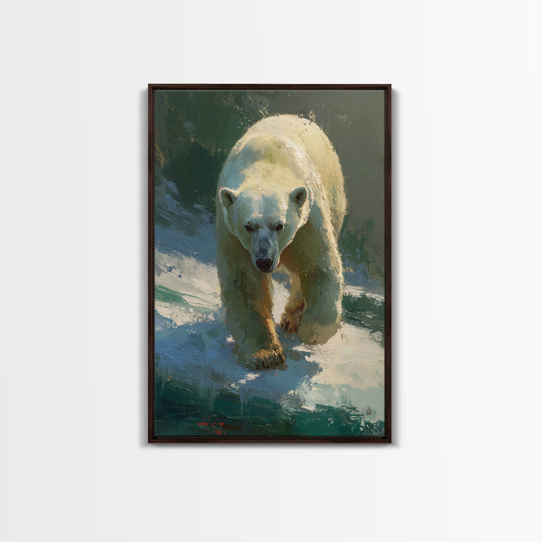 Polar Bear Crossing Blue Ice Framed Canvas Print, Wildlife Art, Wall Art, Living Room Decor, Abstract Art, Wild, WIL-2x3-47