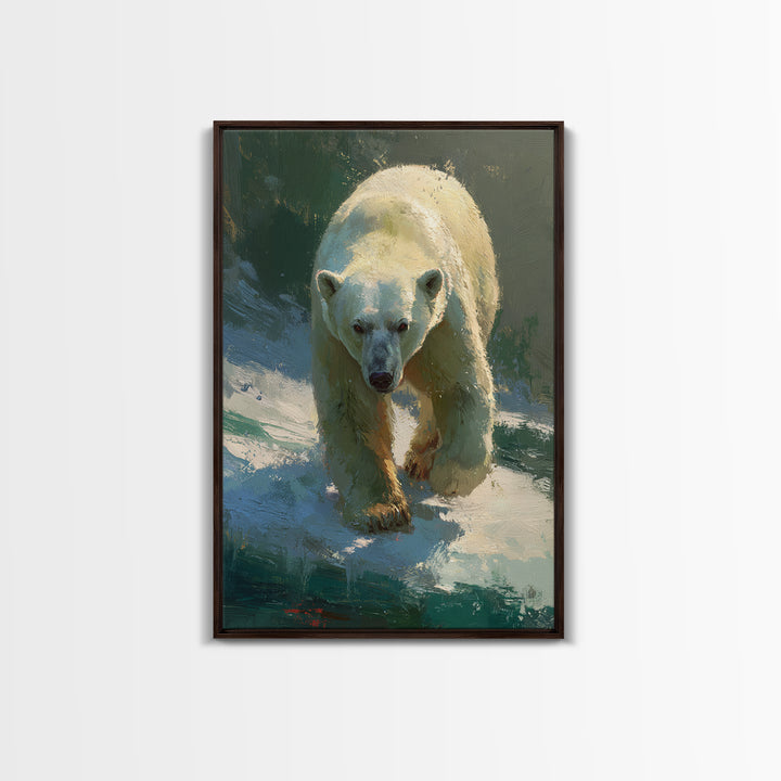 Polar Bear Crossing Blue Ice Framed Canvas Print, Wildlife Art, Wall Art, Living Room Decor, Abstract Art, Wild, WIL-2x3-47