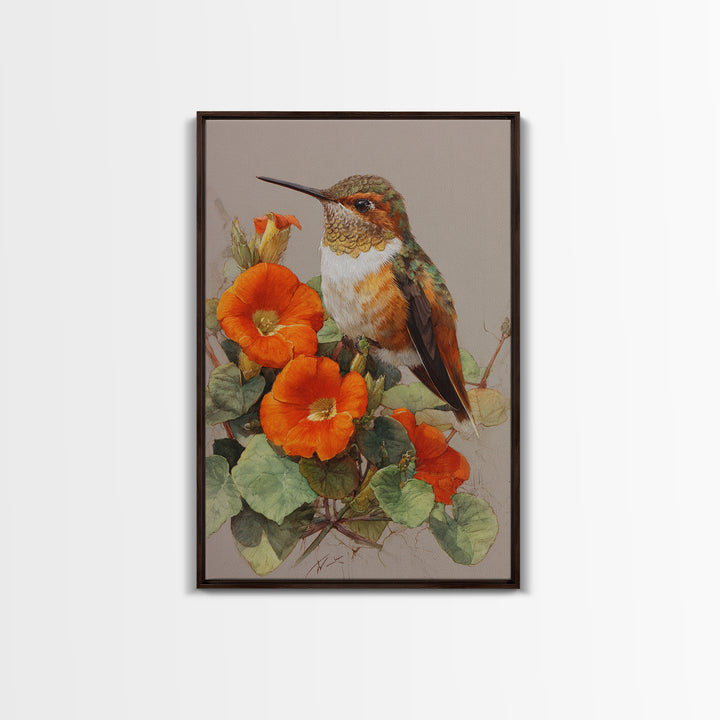 Hummingbird Beside Bright Flowers Framed Canvas Print, Wildlife Art, Boho Decor, Living Room Decor, Fine Art, Wild, Painting, WIL-2x3-48