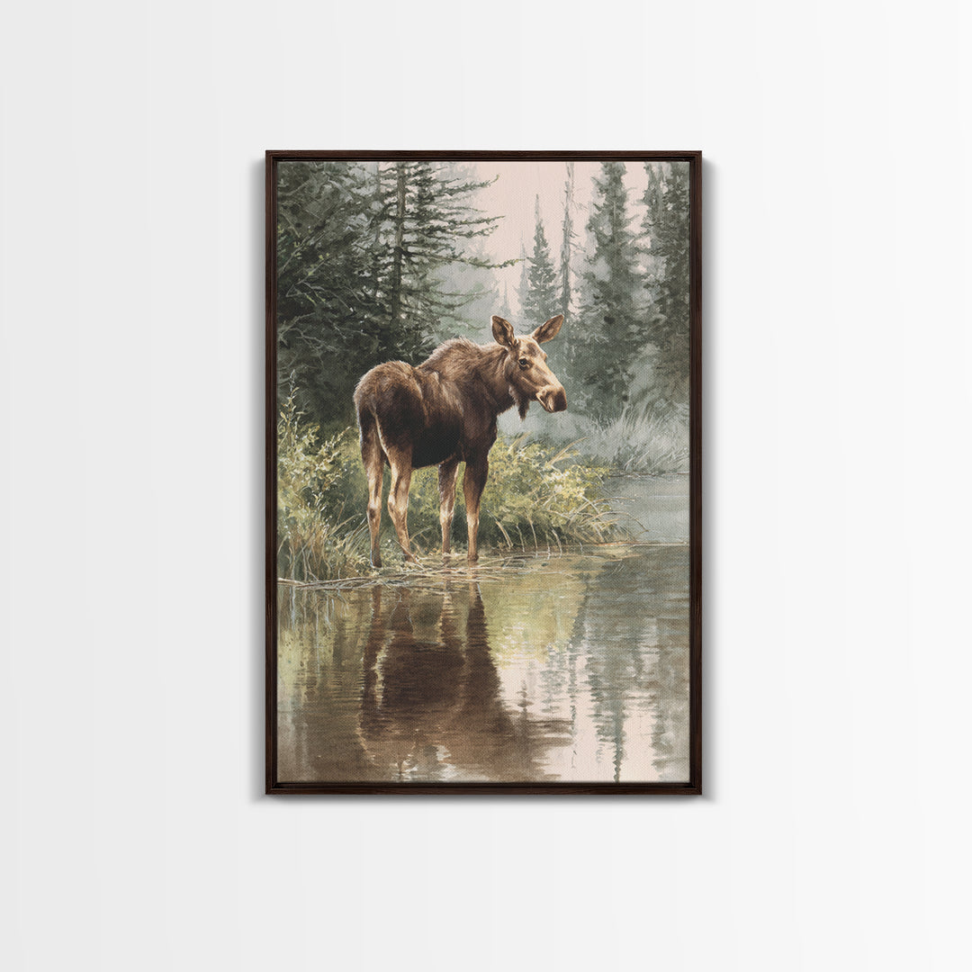 Moose Standing in Reflective Lake Framed Canvas Print, Wildlife Art, Room Decor, Living Room Decor, Fine Art, Wild, WIL-2x3-51