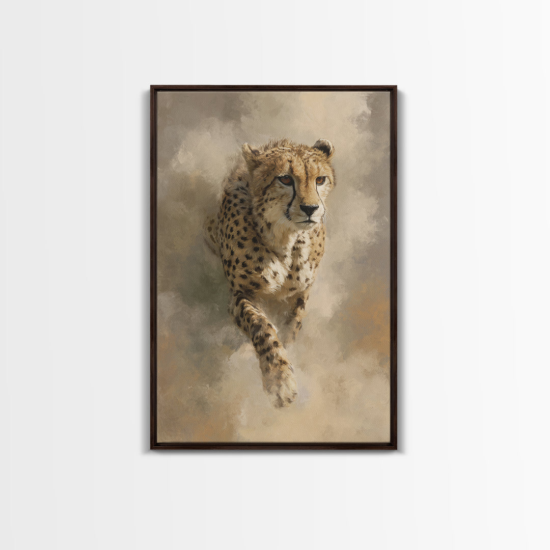 Cheetah Running Through Warm Dust Framed Canvas Print, Wildlife Art, Digital Wall Art, Living Room Decor, Oil Painting, Wild, WIL-2x3-53
