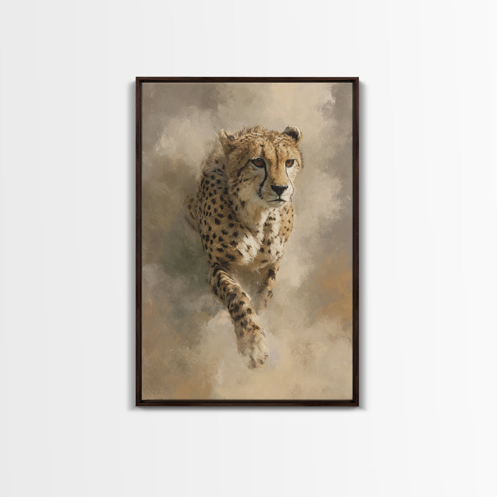 Cheetah Running Through Warm Dust Framed Canvas Print, Wildlife Art, Digital Wall Art, Living Room Decor, Oil Painting, Wild, WIL-2x3-53