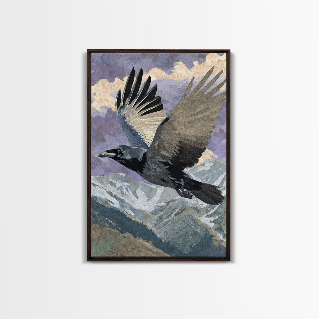 Raven Flying Through Snowy Mountains Framed Canvas Print, Wildlife Art, Neutral Decor, Living Room Decor, Fine Art, Wild, WIL-2x3-56