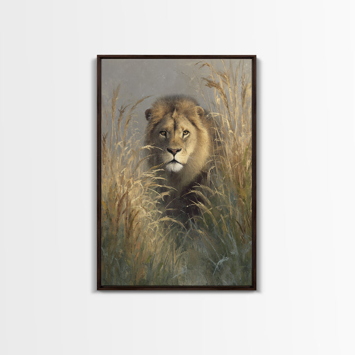 Lion Emerging from Golden Savanna Grass Canvas Print, Wildlife Art, Boho Wall Decor, Living Room Decor, Oil Painting, Wild, WIL-2x3-57