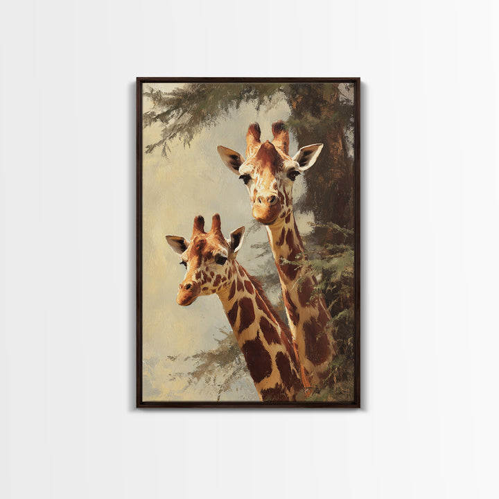 Giraffe Pair under Acacia Tree Framed Canvas Print, Wildlife Art, Painting, Living Room Decor, Watercolor Art, Wild, Bird Art, WIL-2x3-63