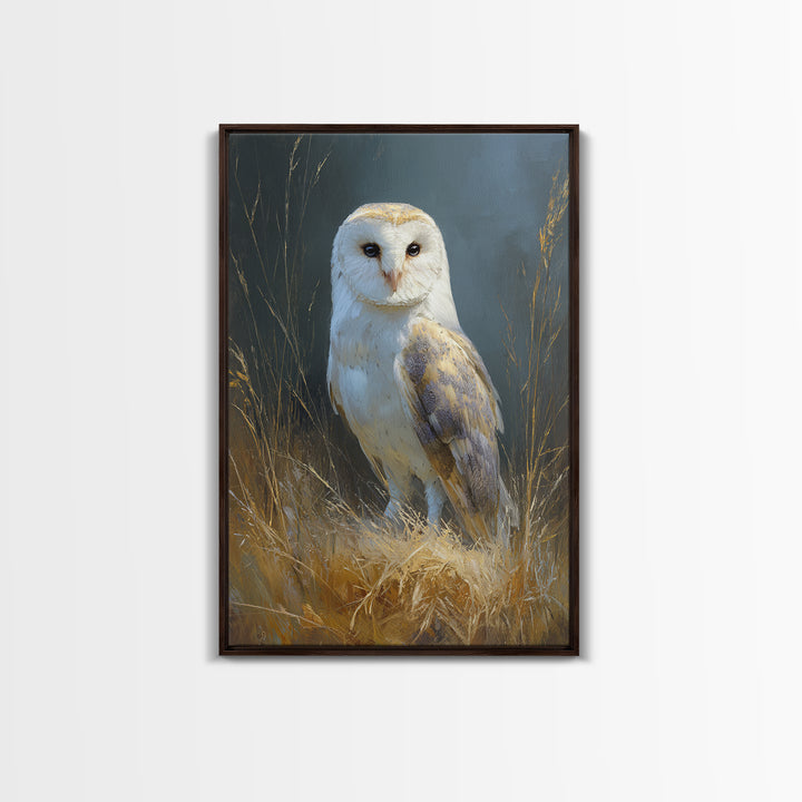 Owl Perched in Moonlit Woodland Framed Canvas Print, Wildlife Art, Large Wall Art, Living Room Decor, Fine Art, Wild, WIL-2x3-68