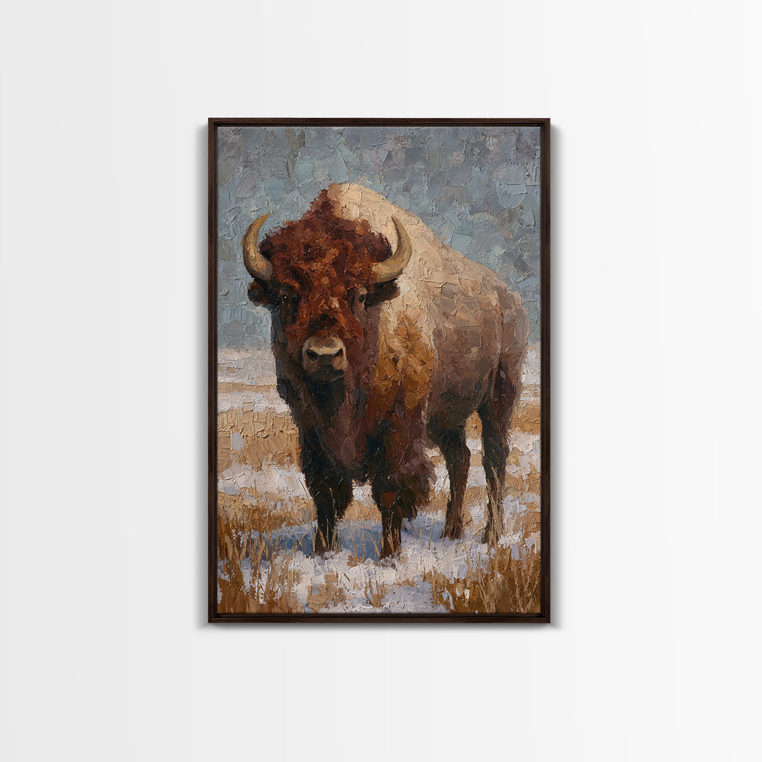 Bison on Wide Western Prairie Framed Canvas Print, Wildlife Art, Living Room Decor, Wild, Living Room Art, Canvas Painting, WIL-2x3-69