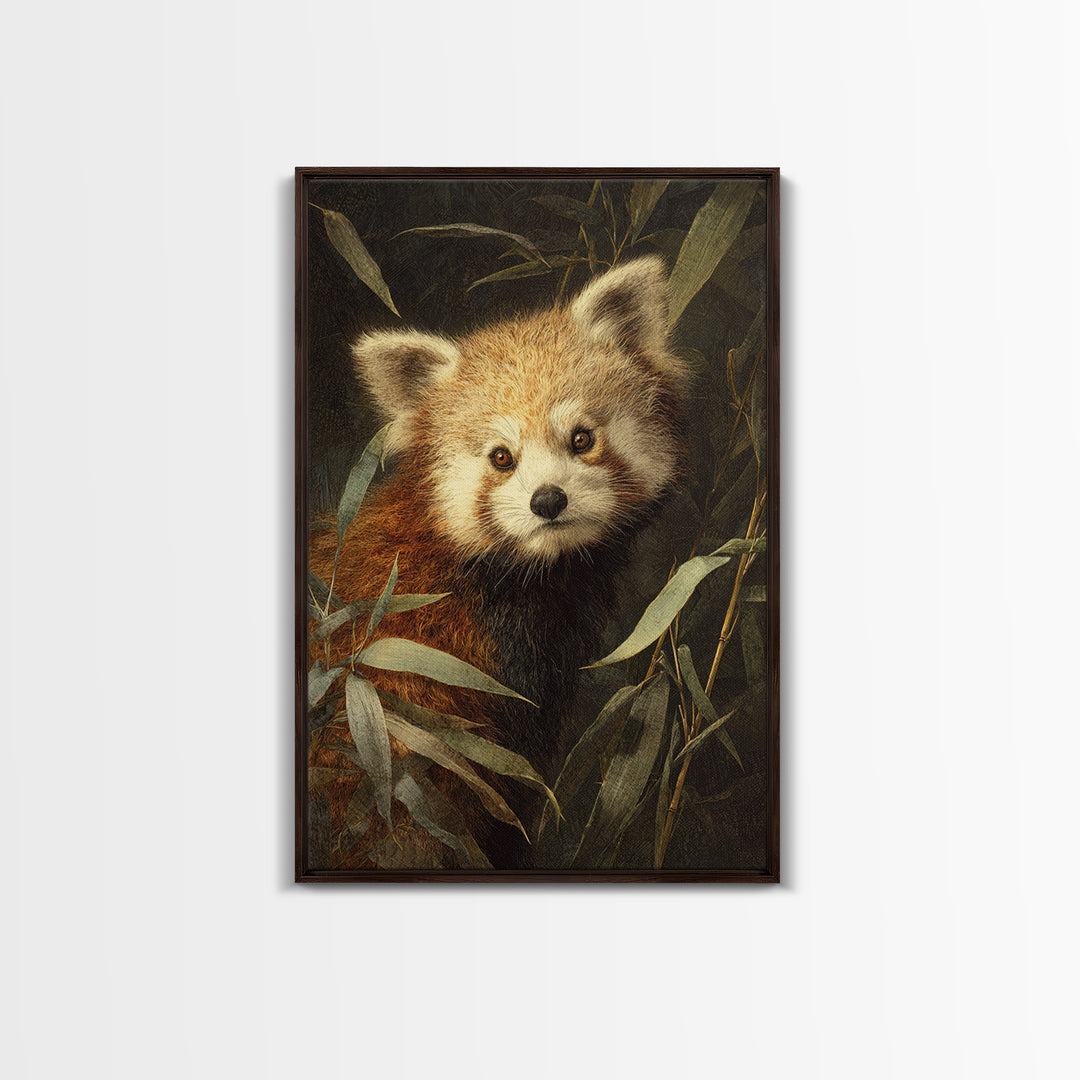 Red Panda Among Bamboo Leaves Framed Canvas Print, Wildlife Art, Canvas Print, Living Room Decor, Wild, Forest Wall Art, WIL-2x3-76