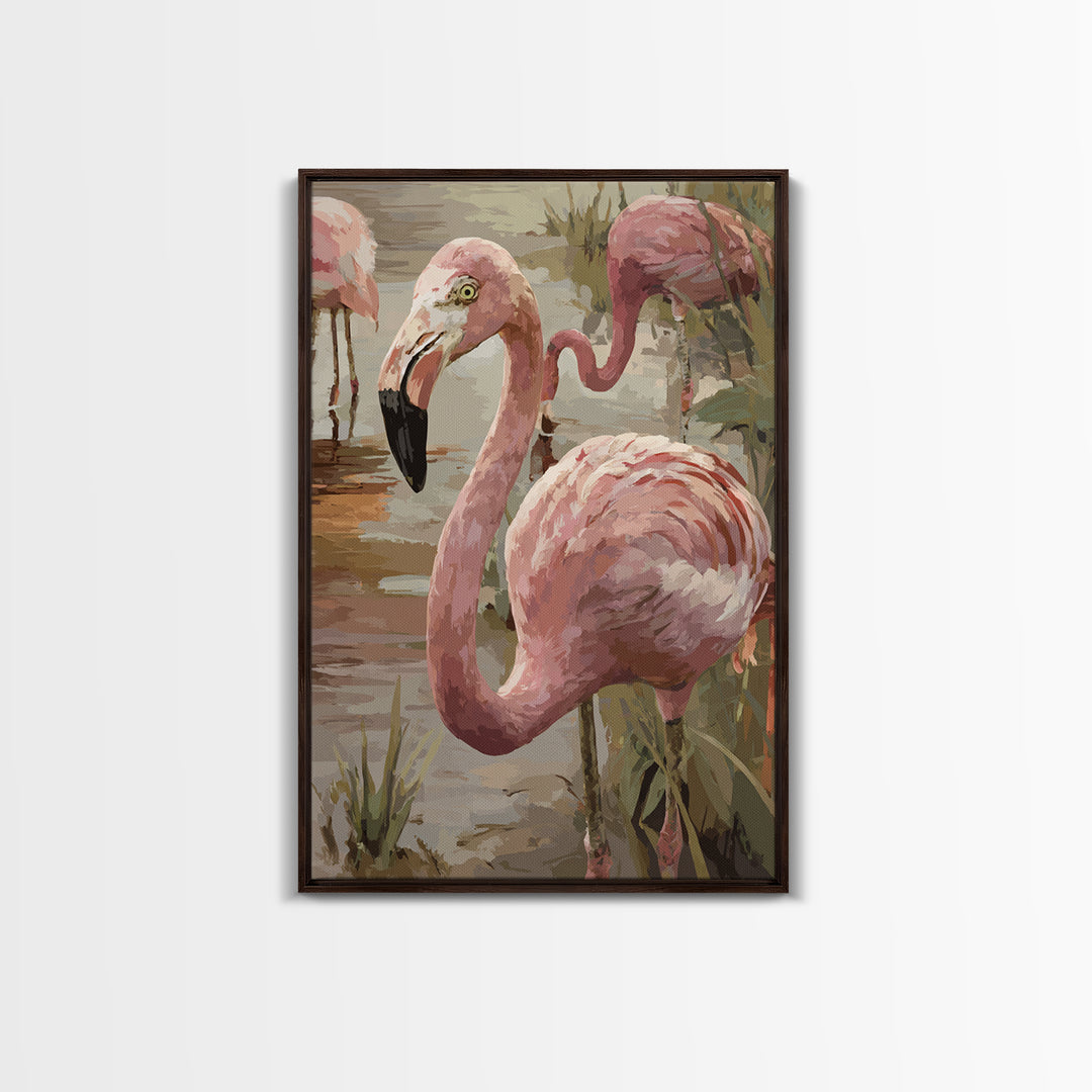 Flamingos in Pink Shallow Water Framed Canvas Print, Wildlife Art, Painting, Living Room Decor, Wild, Living Room Wall Art, WIL-2x3-78