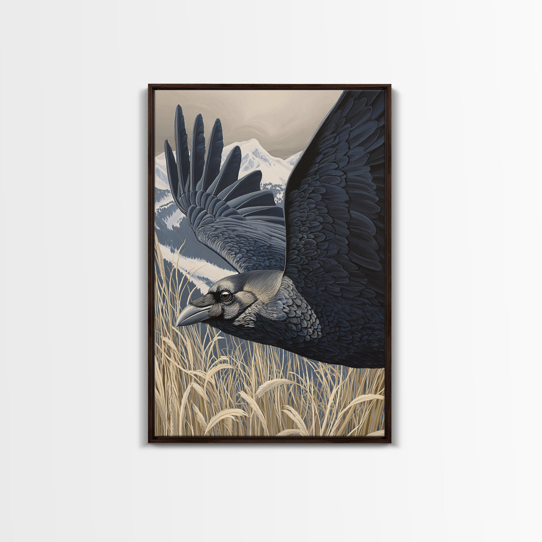 Raven Flying Through Snowy Mountains Framed Canvas Print, Wildlife Art, Landscape Art, Living Room Decor, Fine Art, Wild, WIL-2x3-8