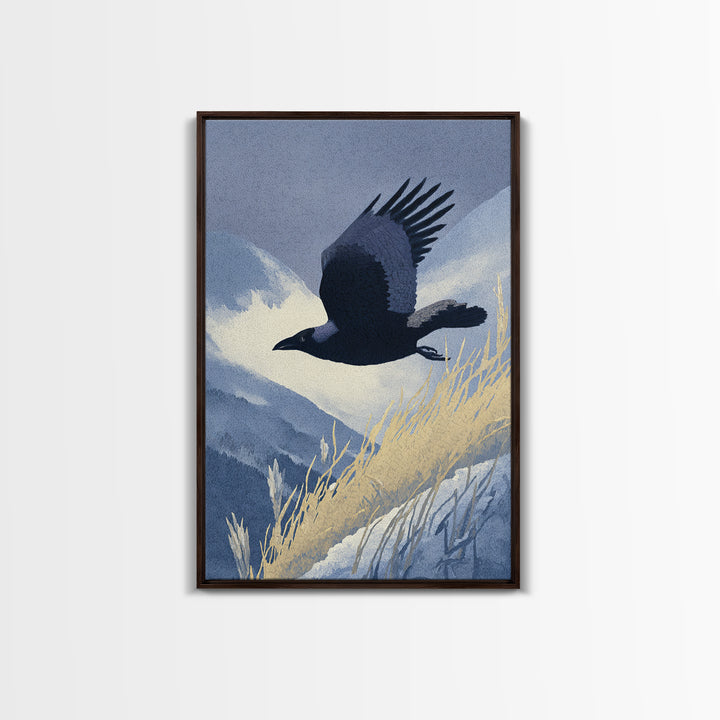 Raven Flying Through Snowy Mountains Framed Canvas Print, Wildlife Art, Contemporary Art, Living Room Decor, Fine Art, Wild, WIL-2x3-80