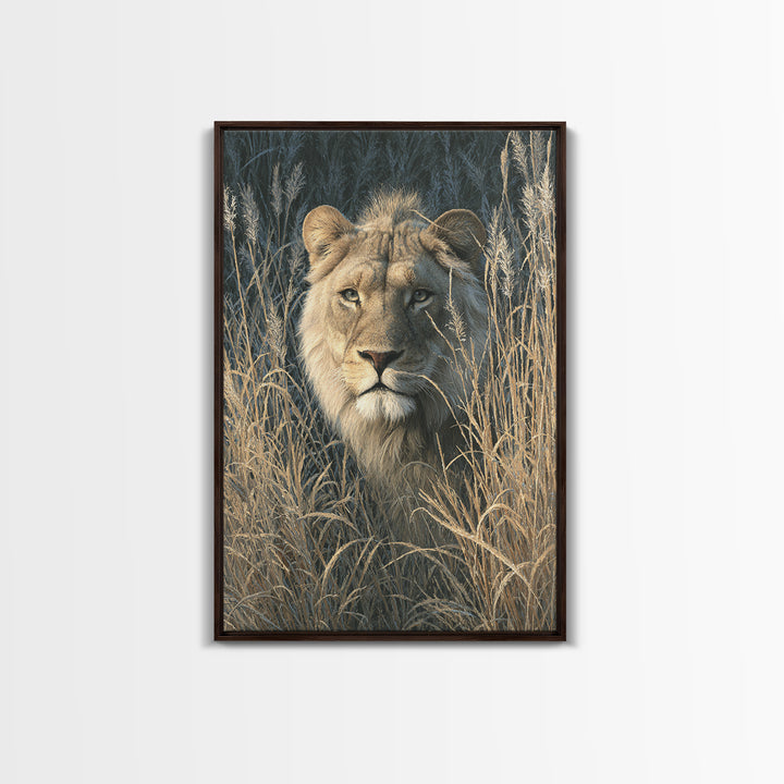 Lion Emerging from Golden Savanna Grass Canvas Print, Wildlife Art, Boho Wall Decor, Living Room Decor, Oil Painting, Wild, WIL-2x3-81