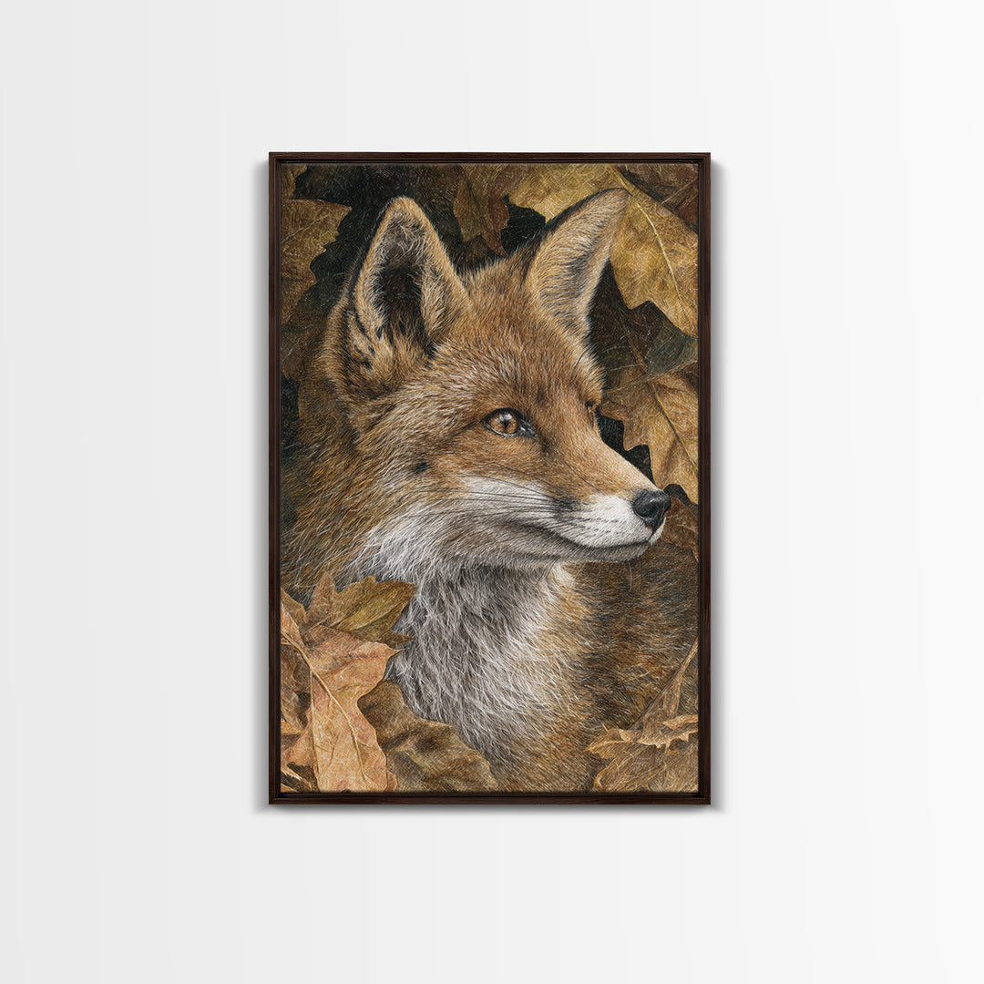 Fox in Autumn Forest Leaves Framed Canvas Print, Wildlife Art, Canvas Print, Living Room Decor, Fine Art, Wild, Forest Wall Art, WIL-2x3-89