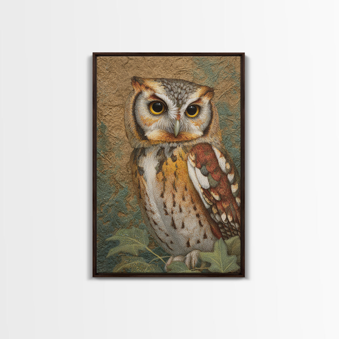 Owl Perched in Moonlit Woodland Framed Canvas Print, Wildlife Art, Gallery Decor, Living Room Decor, Abstract Art, Wild, WIL-2x3-92