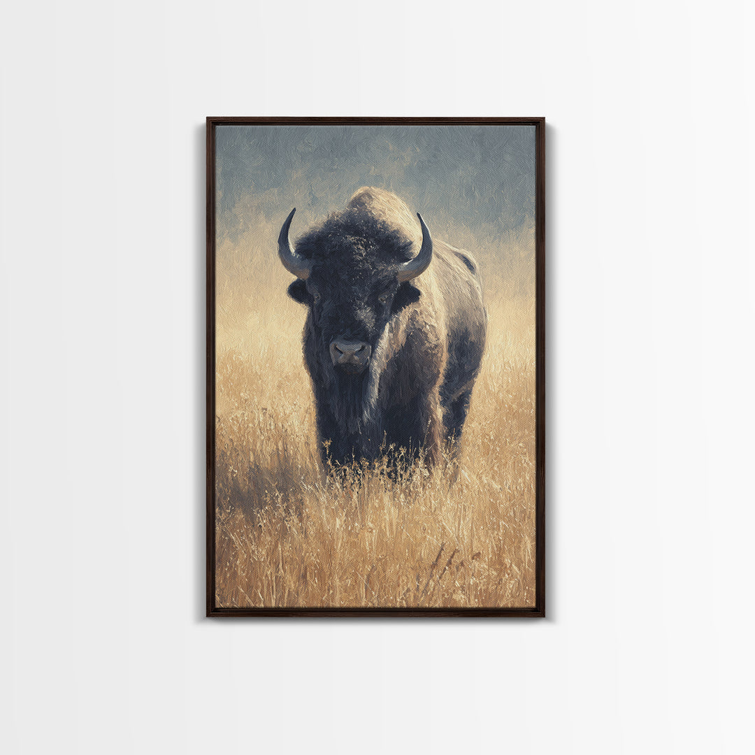 Bison on Wide Western Prairie Framed Canvas Print, Wildlife Art, Living Room Decor, Wild, Living Room Art, Canvas Painting, WIL-2x3-93