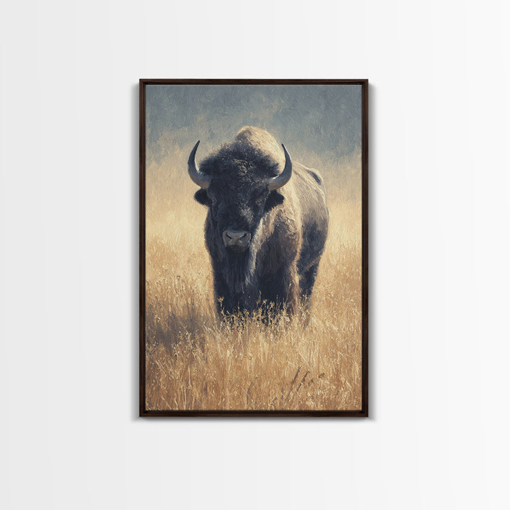 Bison on Wide Western Prairie Framed Canvas Print, Wildlife Art, Living Room Decor, Wild, Living Room Art, Canvas Painting, WIL-2x3-93