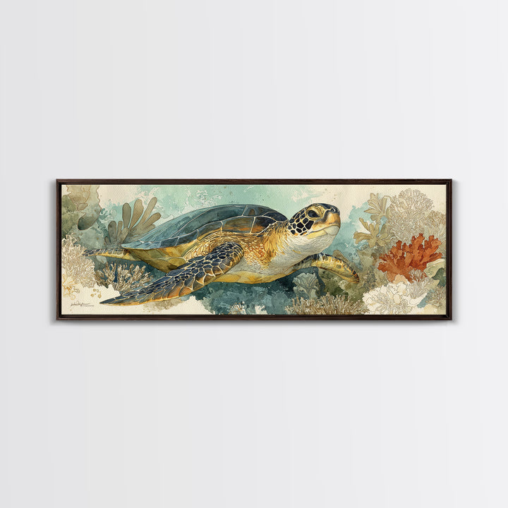 Sea Turtle over Coral Reef Framed Canvas Print, Wildlife Art, Home Decor, Living Room Decor, Fine Art, Wild, Boho Wall Decor, WIL-3x1-10