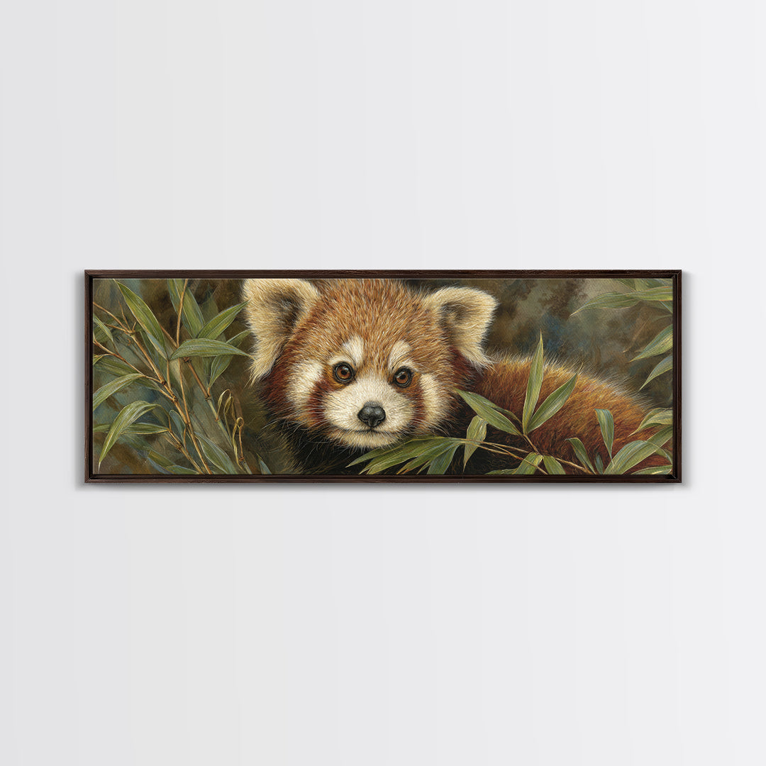 Red Panda Among Bamboo Leaves Framed Canvas Print, Wildlife Art, Canvas Painting, Living Room Decor, Wild, Luxury Decor, WIL-3x1-12