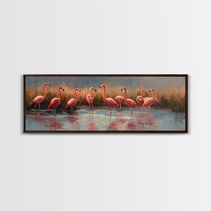 Flamingos in Pink Shallow Water Canvas Print, Wildlife Art, Unique Home Decor, Living Room Decor, Fine Art, Wild, WIL-3x1-14