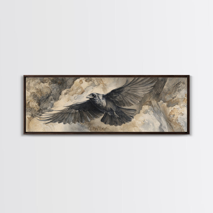Raven Flying Through Snowy Mountains Canvas Print, Wildlife Art, Modern Art, Living Room Decor, Watercolor Art, Wild, WIL-3x1-16