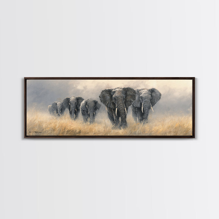 Elephant Herd Walking Through Dusty Sunset Framed Canvas Print, Wildlife Art, Original Art, Living Room Decor, Fine Art, Wild, WIL-3x1-18