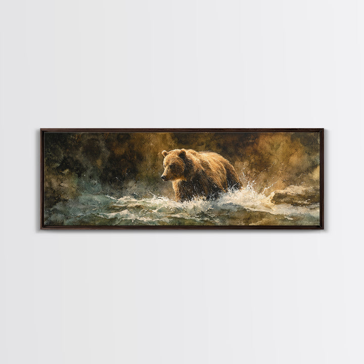 Bear Fishing in Rushing Mountain River Canvas Print, Wildlife Art, Nature Wall Art, Living Room Decor, Oil Painting, Wild, WIL-3x1-20