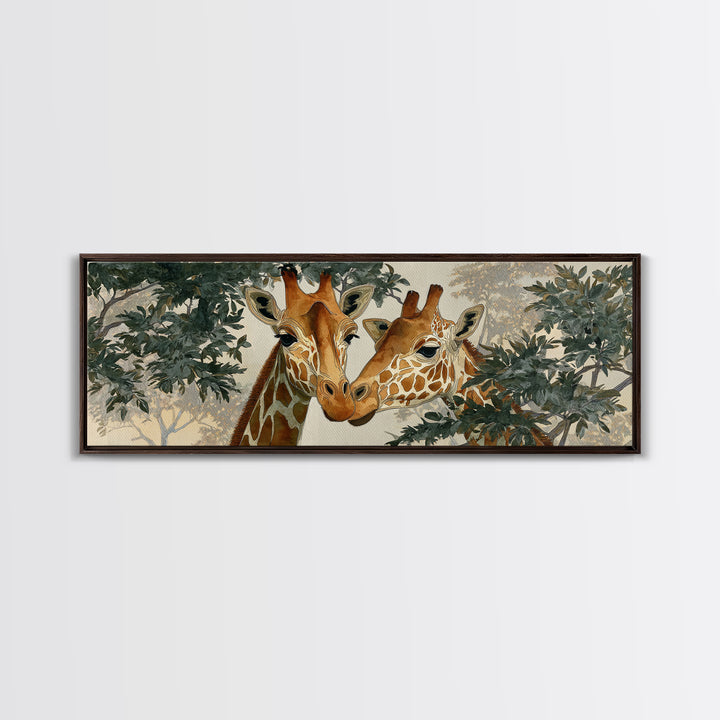Giraffe Pair under Acacia Tree Framed Canvas Print, Wildlife Art, Boho Decor, Living Room Decor, Fine Art, Wild, Painting, WIL-3x1-23